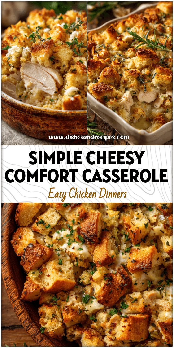 Cheesy Chicken Stuffing Casserole topped with golden breadcrumbs and herbs in a rustic baking dish.